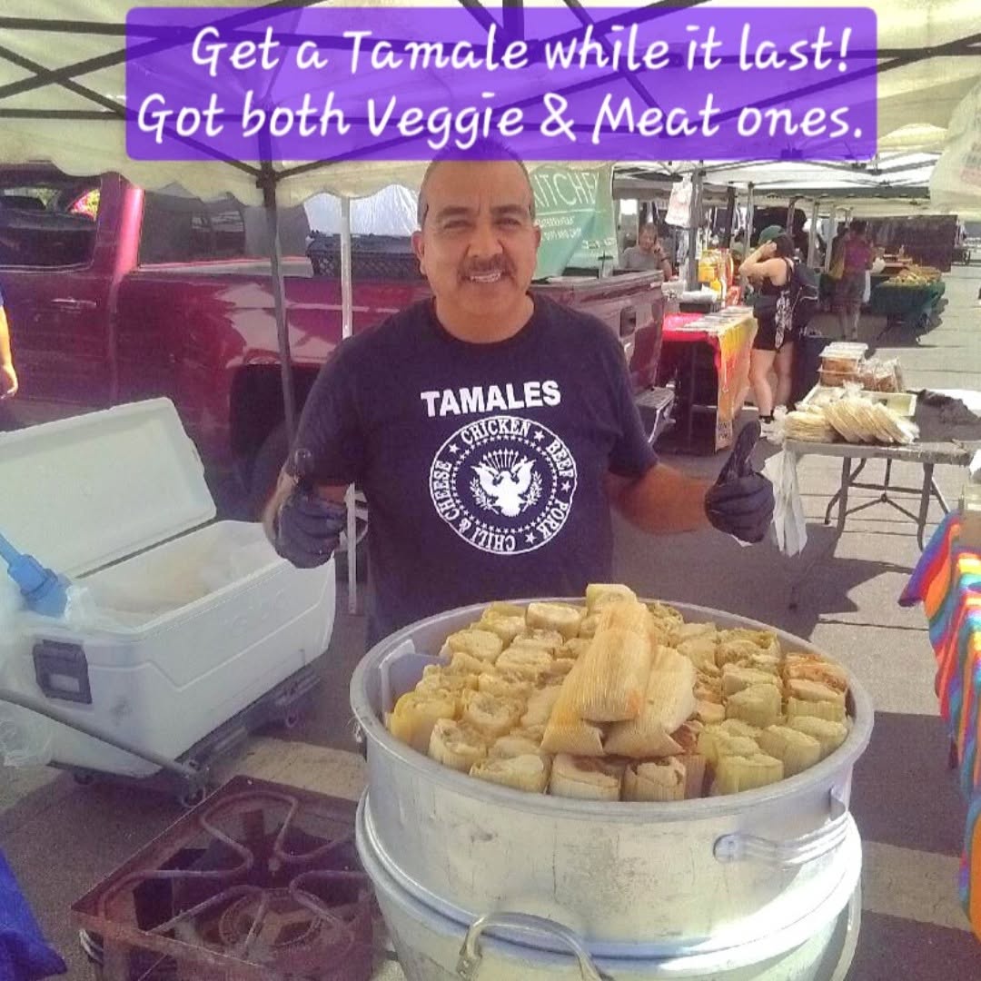 Tamale vendor with veggie & meat tamales steaming at the Highland Park Farmers Market